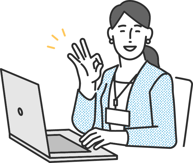 パソコン作業中に笑顔でOKサインを出す女性スタッフのイラスト